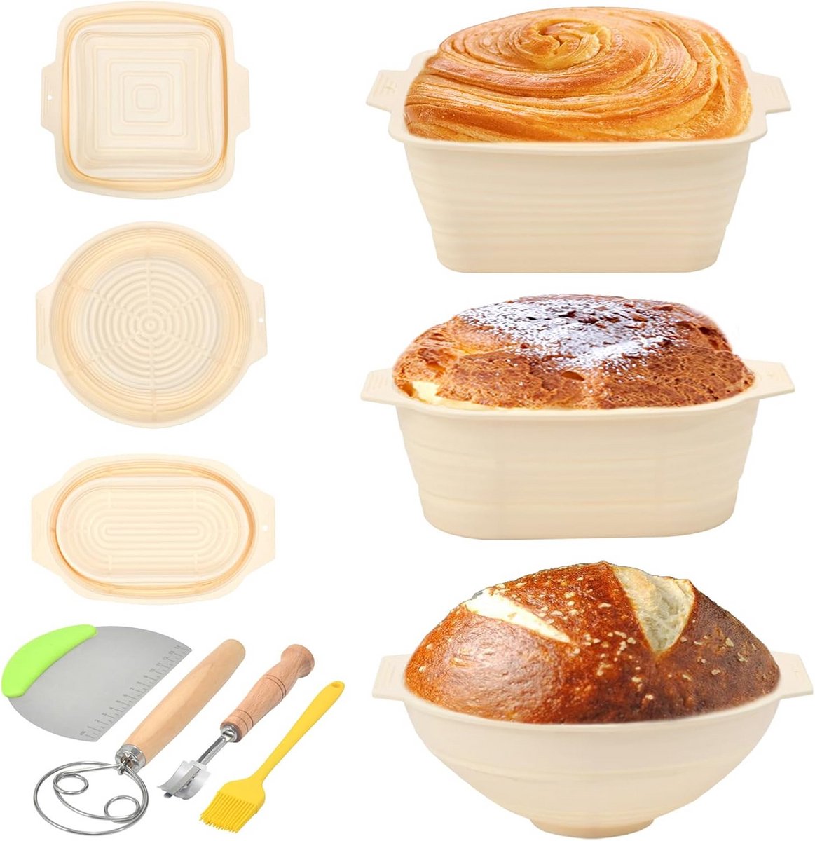 Set van 3 Opvouwbare Siliconen Broodmanden met Bakaccessoires - Rond, Ovaal en Vierkant