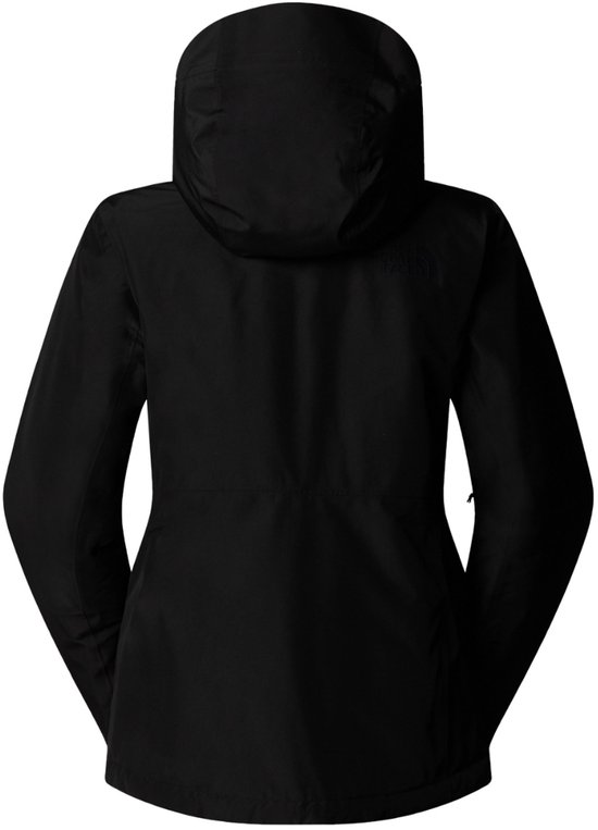 Zwarte wintersportjas voor dames, achterkant met capuchon en subtiel The North Face-logo.