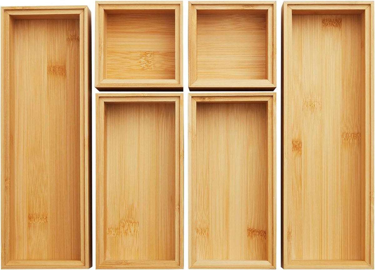 Stapelbare Bamboe Opbergdozen Set (6-delig) – Lade Organiser Keuken, Badkamer & Kantoor