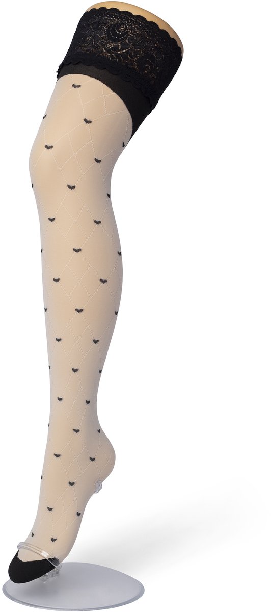 Bonnie Doon Dames Hold Up met Hartjes Print maat L/XL Off White - Brede Siliconen Band - Little Hearts Hold Up - Zakt niet af - Bies aan Achterkant - Panty zonder Broekje - Siliconenrand - Blijven Perfect Plakken - Panty Kousen - Ivory - BP201705.250