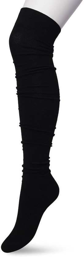 Zwarte overknee sokken op een mannequin been.