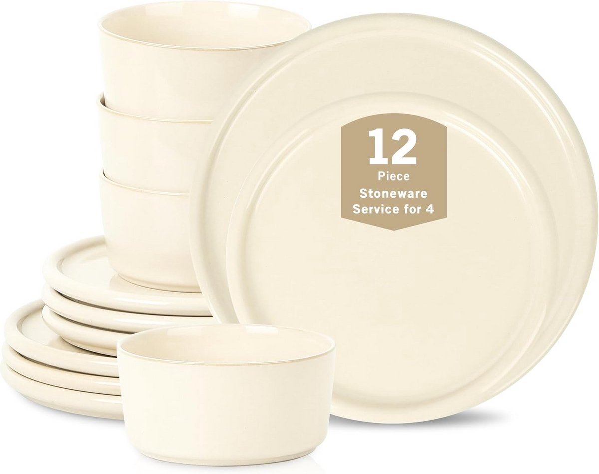 12-delige Aardewerk Servies Set - Rond Dinerbord, Saladebord en Kom - Beige