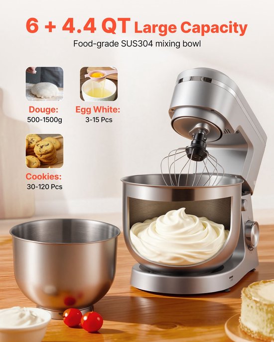 Keukenmachine Staande Mixer - Planetaire Deegmixer - 1500W Vermogen - RVS Kommen 4,2L + 5,7L - 10 Snelheden - Kantelbare Kop - Met Deeghaak, Garde en Klopper — afbeelding 5