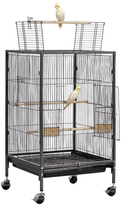 PawHut Volière vogelkooi op wielen met schuifdak 3 zitstokken onderste plank 46,5 x 36 x 157 cm