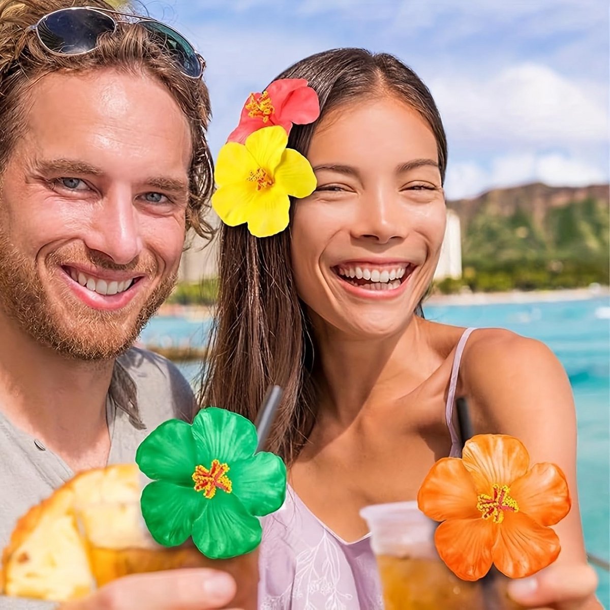 Grote haarspeld met Hawaiiaanse plumeria en hibiscus bloemen 9 cm