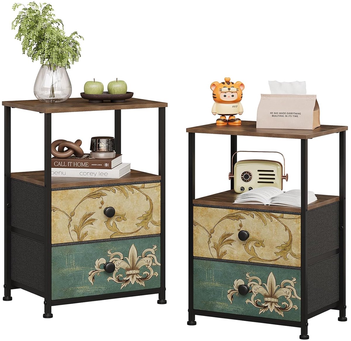 TRANKIELO® - Set van 2 commodes met 2 laden - Vintage ontwerp - Stalen frame - Ideaal voor slaapkamer en woonkamer