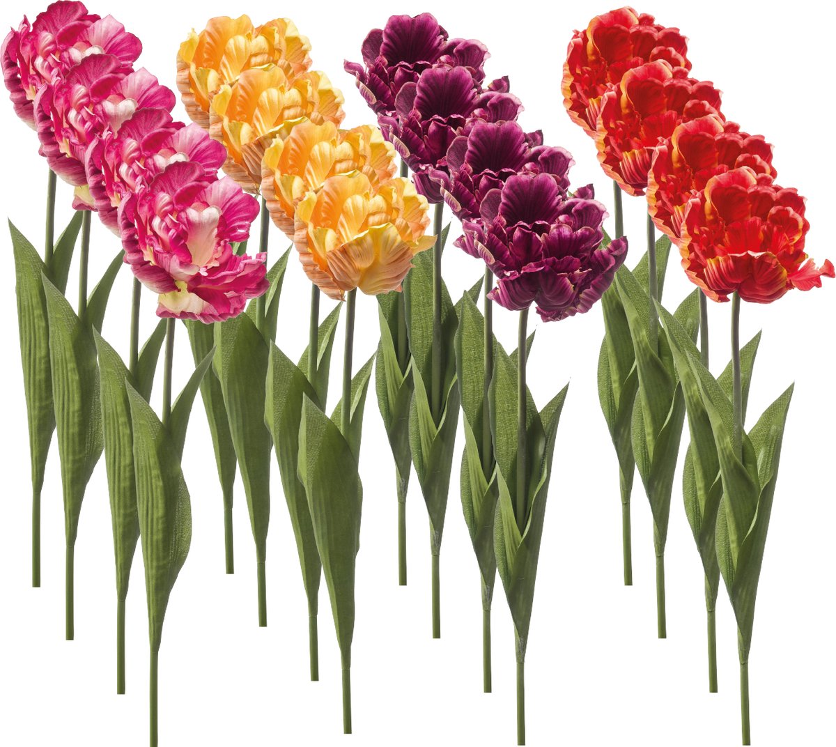 Emerald Kunstbloem Tulp Paris 66cm - Set van 16 - Kunstplant voor binnen Zachtroze, Geel/Peach, Donkerpaars & Oranje - Set van 16