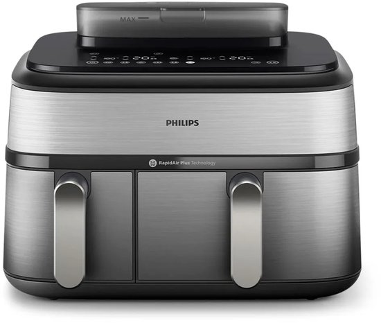 Zilverkleurige en zwarte Philips dubbele airfryer, gesloten, met digitale bediening.
