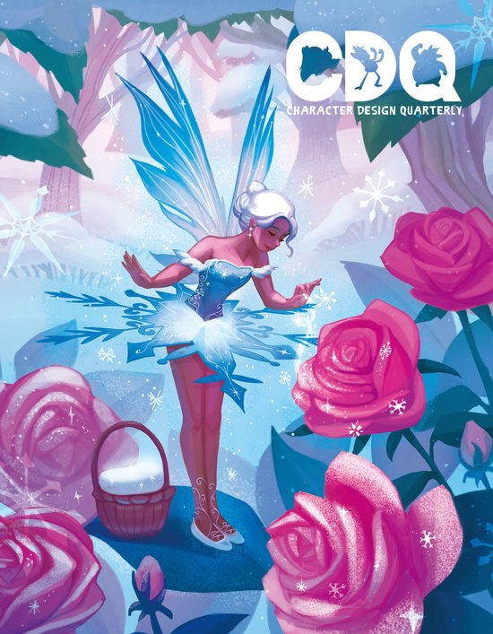 CDQ Character Design Quarterly 35, met een fee met blauwe vleugels en een tutu, omringd door roze rozen en sneeuwvlokken.