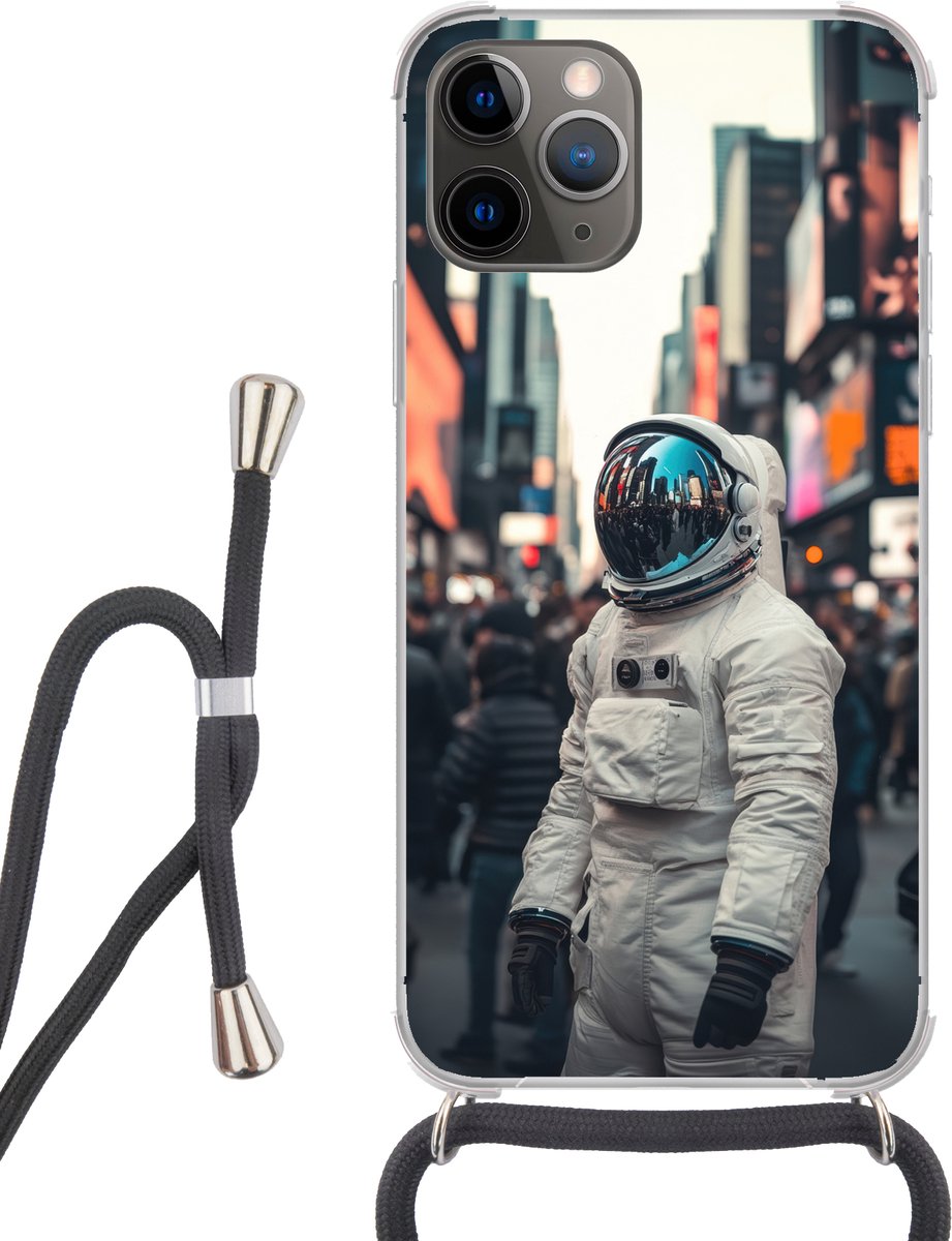 Telefoonhoesje Geschikt voor iPhone 12 pro crossbody - Stad - Mensen - Astronaut - Wit - Siliconen - Crossbody - Backcover met Koord - Telefoonhoesje met koord - Hoesje met touw Telefoonhoesje