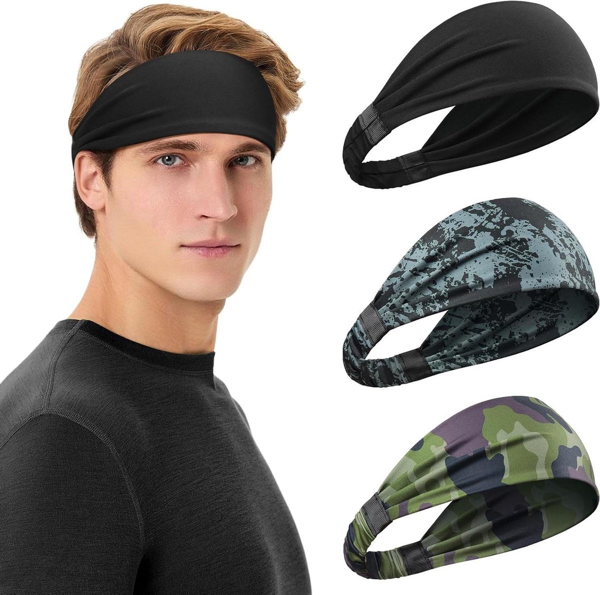 CSGoods - Vochtafvoerende sport hoofdbanden voor heren - elastische haarband voor fitness en basketbal - antislip zweetband - 3 stuks