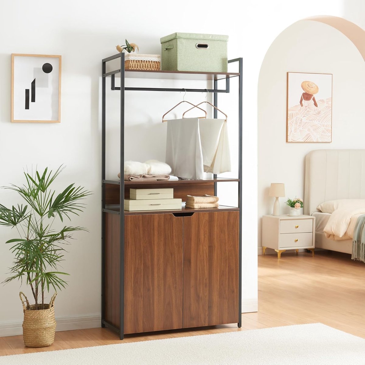 Kledingkast Altameubel Larem Trio – 3-Delige Open Garderobekast Set met 2 Lades, 2 Deuren & 3 Kledingroedes – Staand Rek Metaal & Walnoot – Rechthoekig – 180x84x40 cm per kast