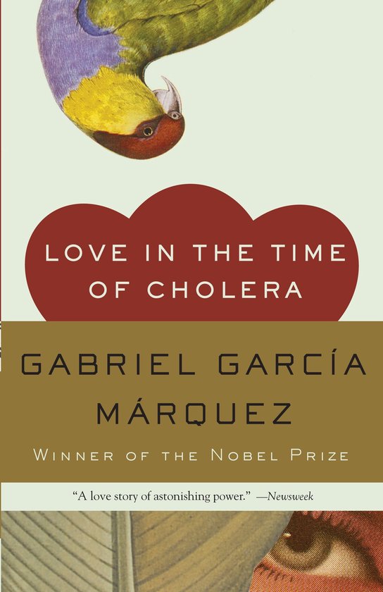 Couverture de livre avec un perroquet coloré, le titre 'Love in the Time of Cholera' et 'Gabriel García Márquez'.