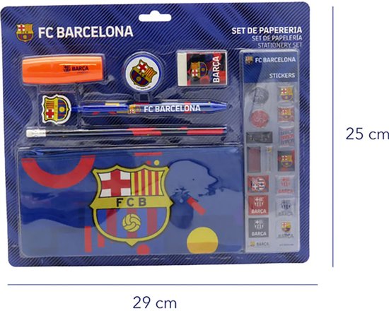 FC Barcelona schrijfwarenset met blauwe etui, potlood, pen, gum, puntenslijper, markeerstift en stickers.