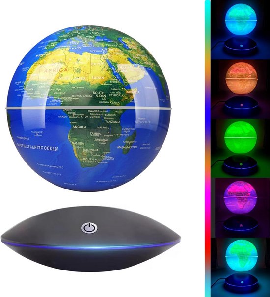 Surplex Lichtgevende drijvende wereldbol met 7 kleuren LED-verlichting, C-vormige automatische roterende bol, magnetisch veld levitatie wereldkaart, educatieve thuiskantoor bureaudecoratie creatieve