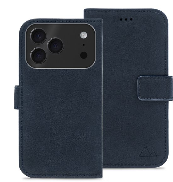Étui de téléphone bleu marine en cuir avec rabats et découpe pour appareil photo triple.