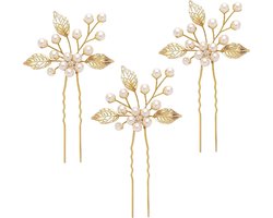 Haaraccessoires voor bruiloften - Gouden haarspeld voor de bruid - RVS kristallen haarspeld met 3D bloemenontwerp - Elegante hoofdtooi voor bruiloft en verloving (3 stukken)