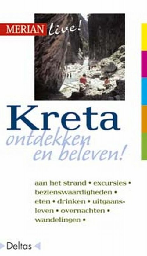 Boek "Kreta ontdekken en beleven!". Met "MERIAN live!" logo en foto van een kloof. Deltas.