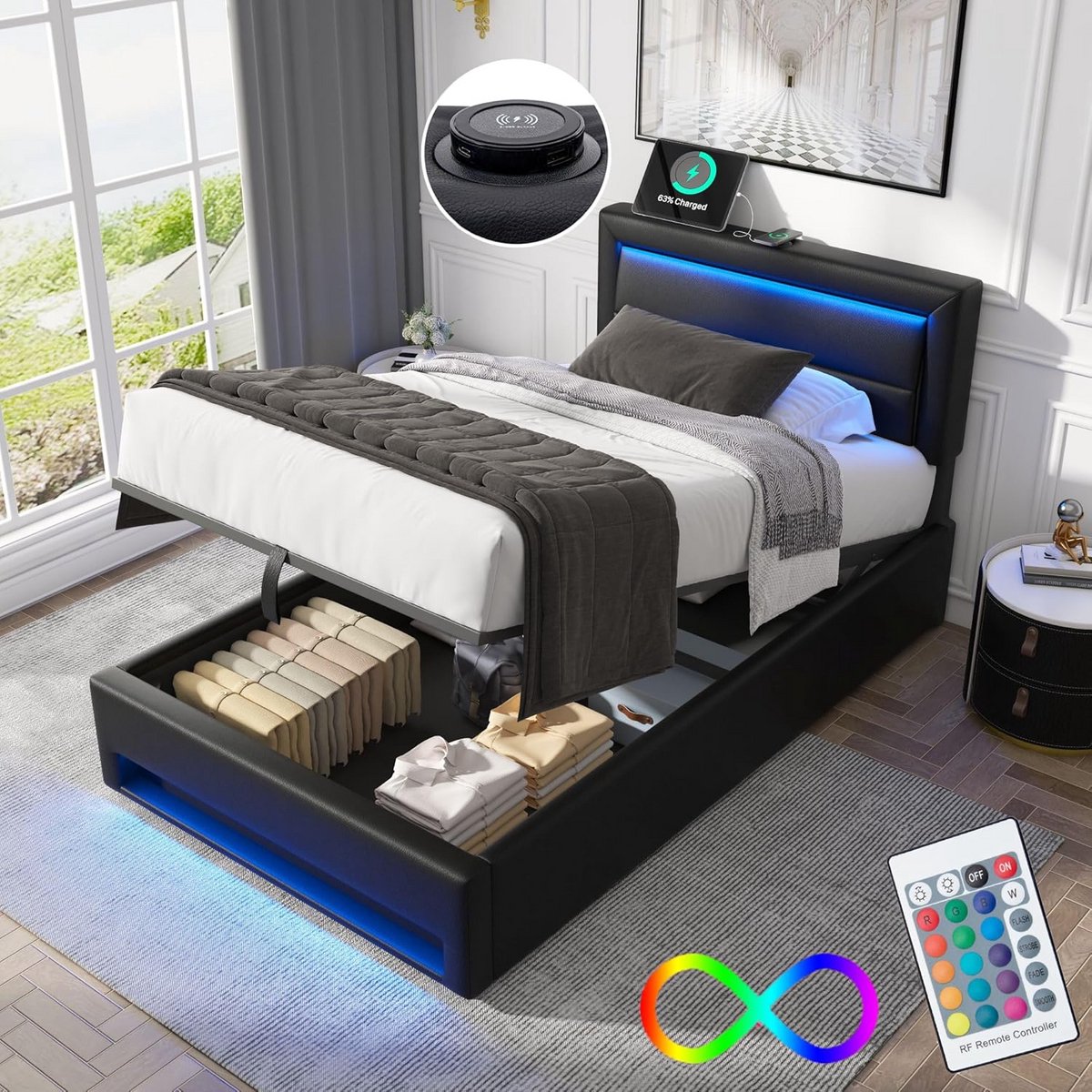 Eenpersoonsbed 90x190 met Opbergruimte, Hoofdeinde en USB-opladen | Moderne Gestoffeerde Bedden