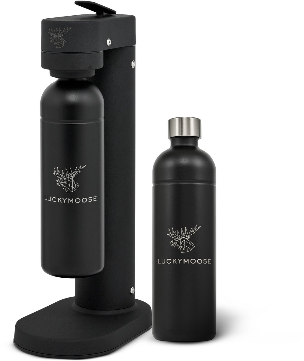 Luckymoose Bruiswatertoestel Infinity-S - Soda Maker met 2x 1,25L RVS Drinkfles Zwart - Bruiswater Toestel Zwart - Werkt met blauwe cilinders