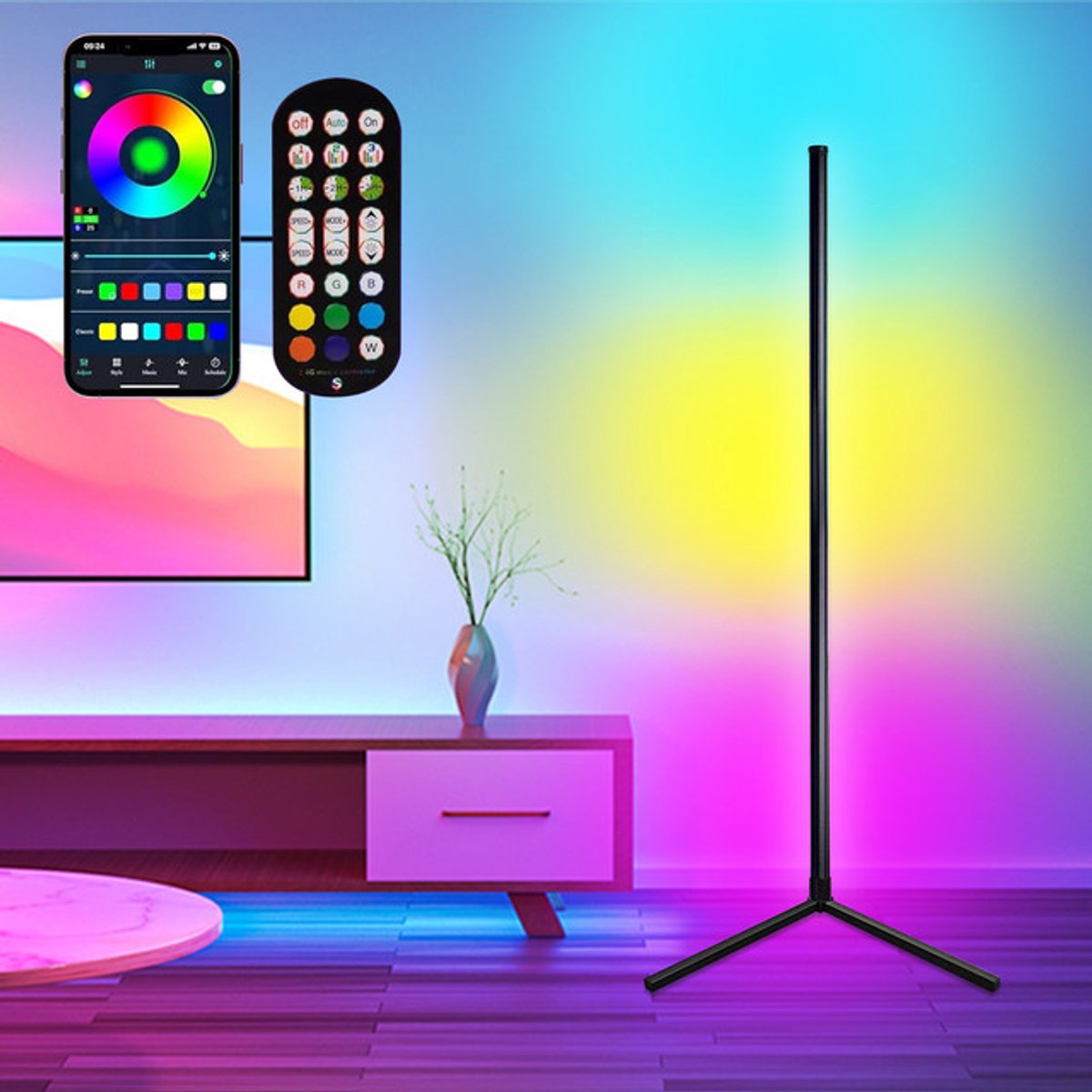 MUPOO Vloerlamp LED RGB Dimbaar – 16 Miljoen Kleuren – 10W Smart Corner Staande Lamp met App & Afstandsbediening – Muziek Sync & Timer – H 125 cm – voor Woonkamer & Slaapkamer – Zwart