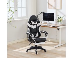 Gamingstoel - Ergonomisch Met Voetsteun - Draaibaar En In Hoogte Verstelbaar - Kunstleer - Zwart/Wit