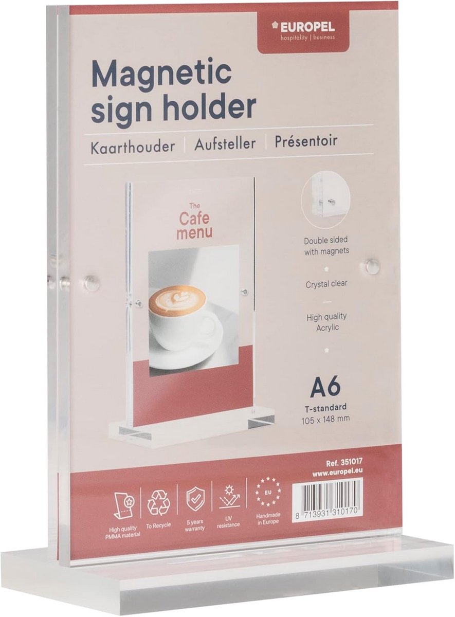 T-Standaard DIN A6 Acryl Tafelhouder met Magneten voor Menu's en Informatie