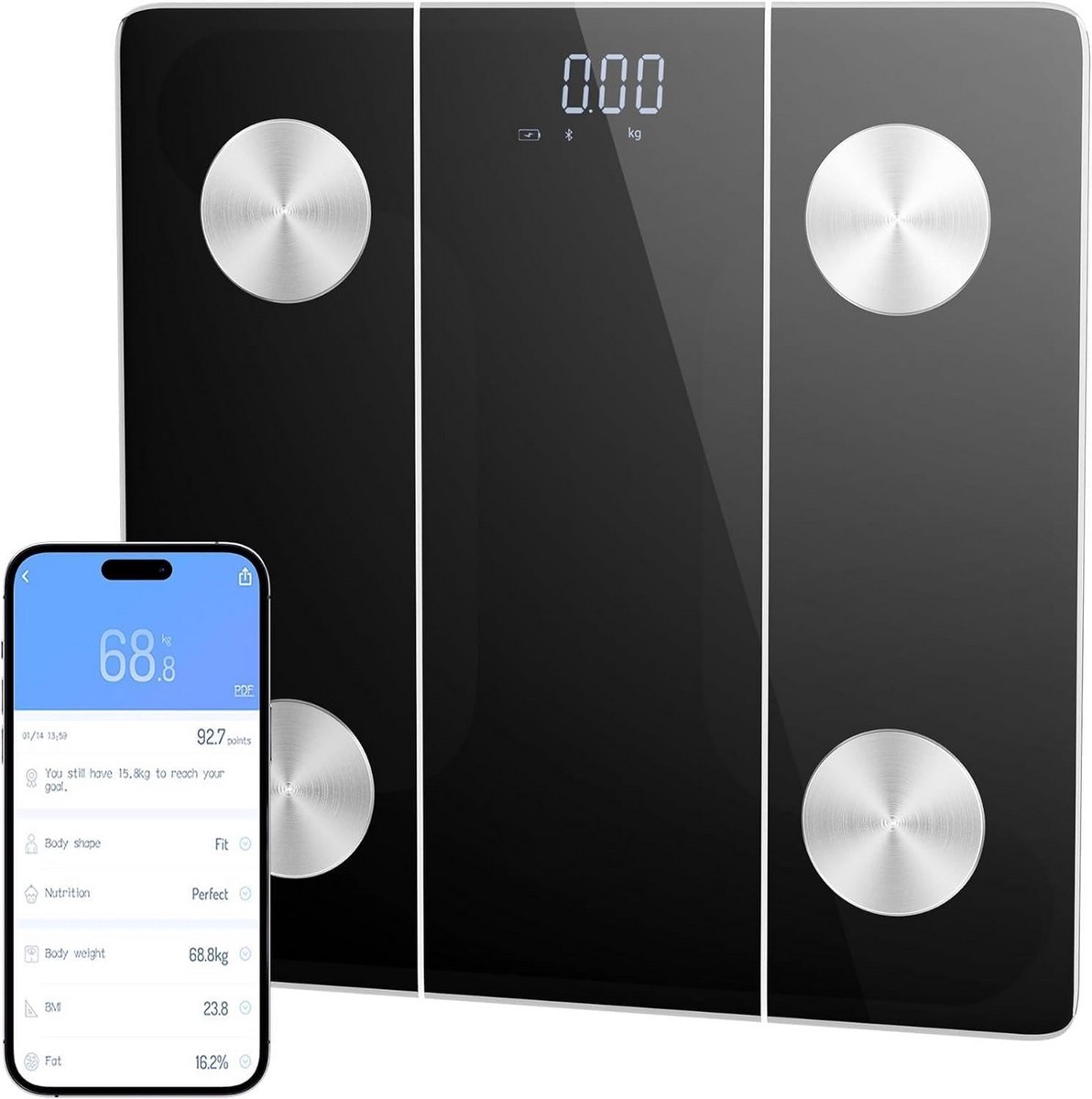 Slimme weegschaal met lichaamsanalyse en Bluetooth-app synchronisatie