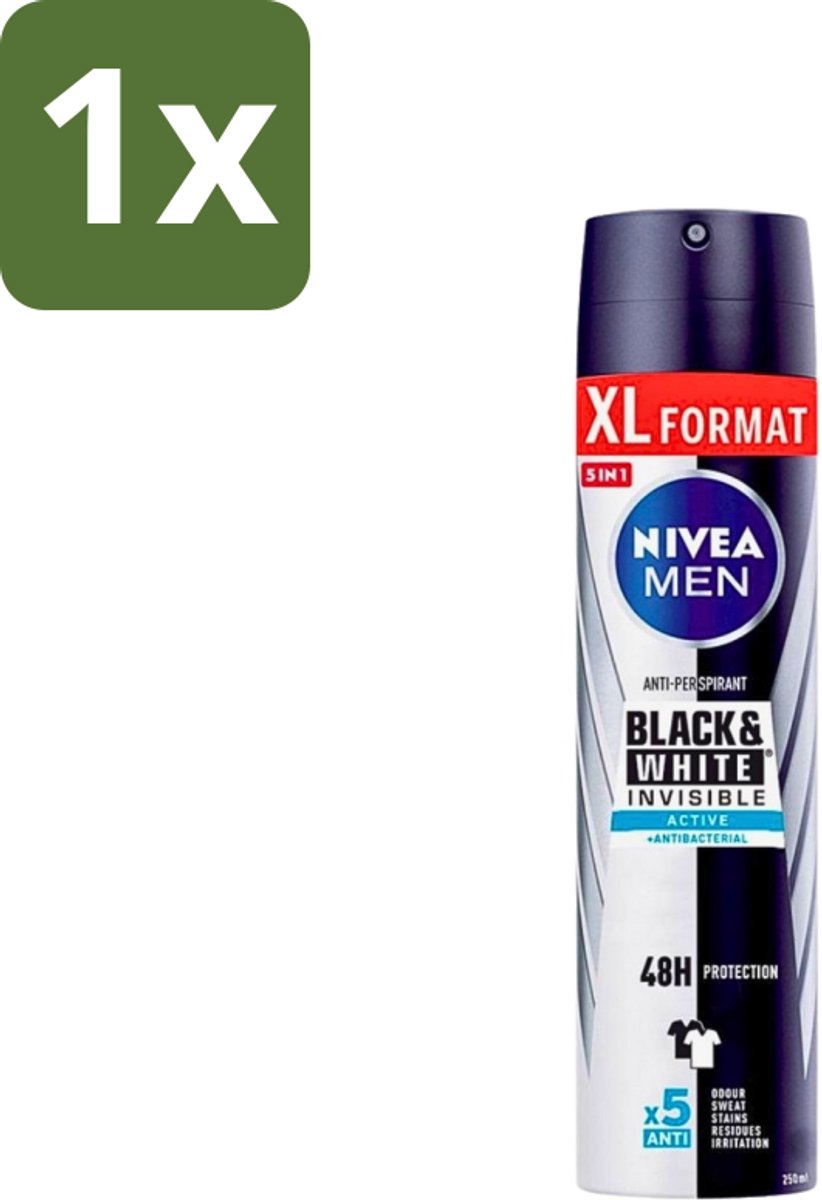 1 x Nivea - Deospray - Men - Invisible Black & White Active - 250 ml - Deospray Mannen - Anti Vlekken - Zweet En Geur Controle - 48 Uur Bescherming - Huidvriendelijk
