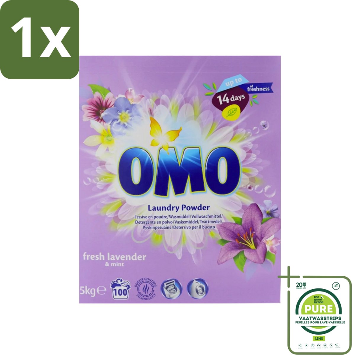 1 x Omo - Waspoeder - Lavendel & Mint - 5 kg - 100 Wasbeurten - Waspoeder - Lavendel - Mint - Wasmiddel - Reinigingskracht