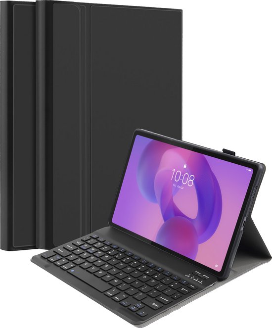 Zwarte tablet case met QWERTY toetsenbord, tablet met toetsenbord in typestand.