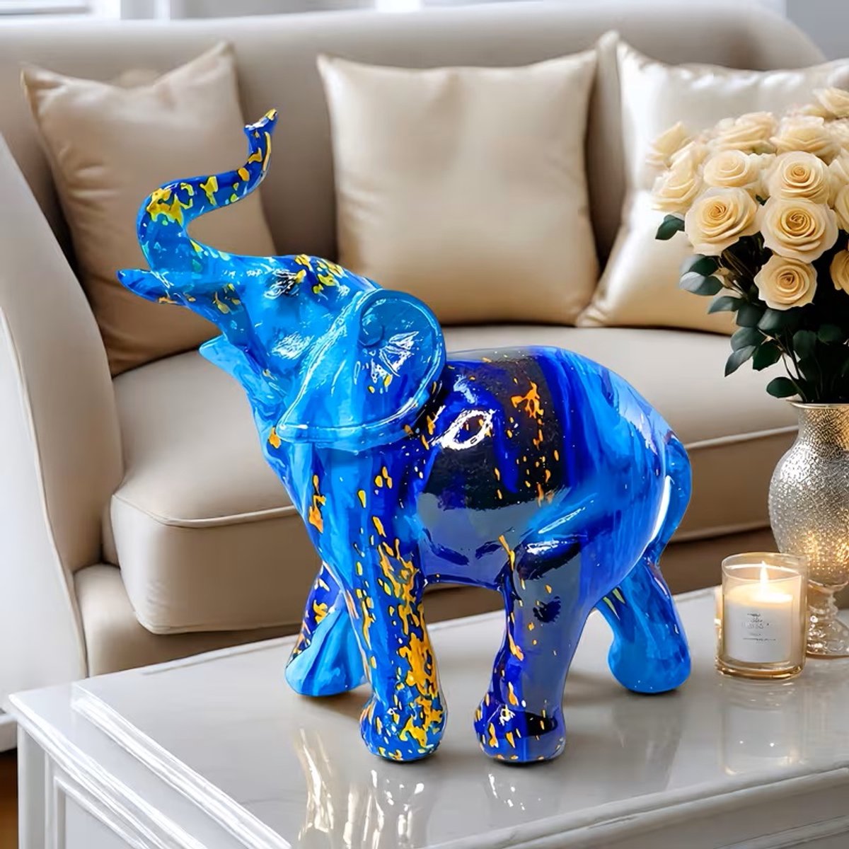 Mauropet® – Geluks Olifant “Blue Gold” | Decoratief Beeldje | Symbool van Wijsheid & Liefde | Interieur Decoratie & Cadeau