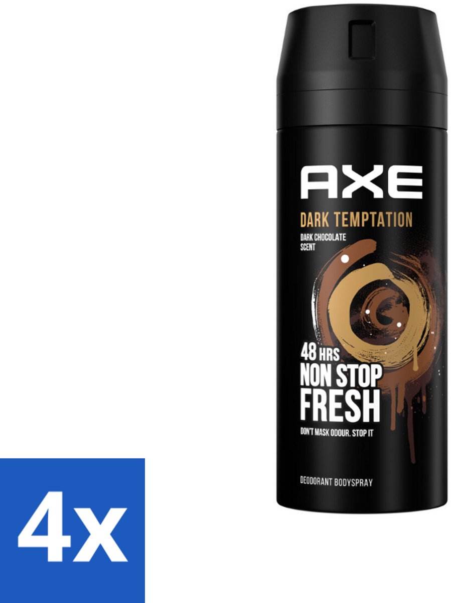 4 x AXE - Deodorant Spray - Dark Temptation - Chocoladegeur - Verleidelijk Fris - 150 ml - AXE Deodorant - Chocoladegeur - Mannelijke Geur - Deodorant Spray - Langdurige Bescherming