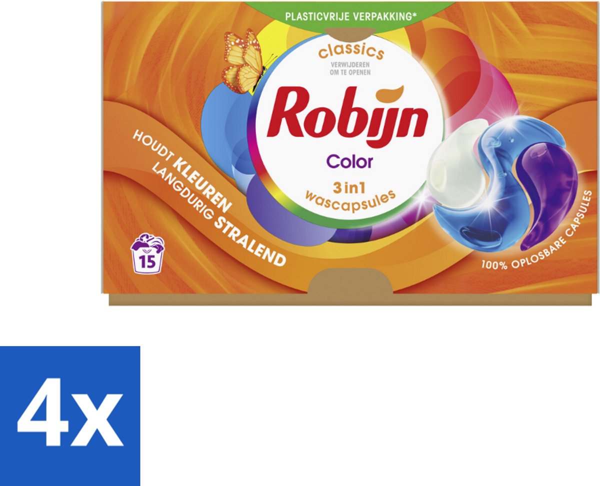 4 x Robijn - 3-in-1 Color - Wascapsules - 15 Wasbeurten - Wascapsules - Wasmiddel - Gekleurde Was - Wasverzorging - Kleurbehoud
