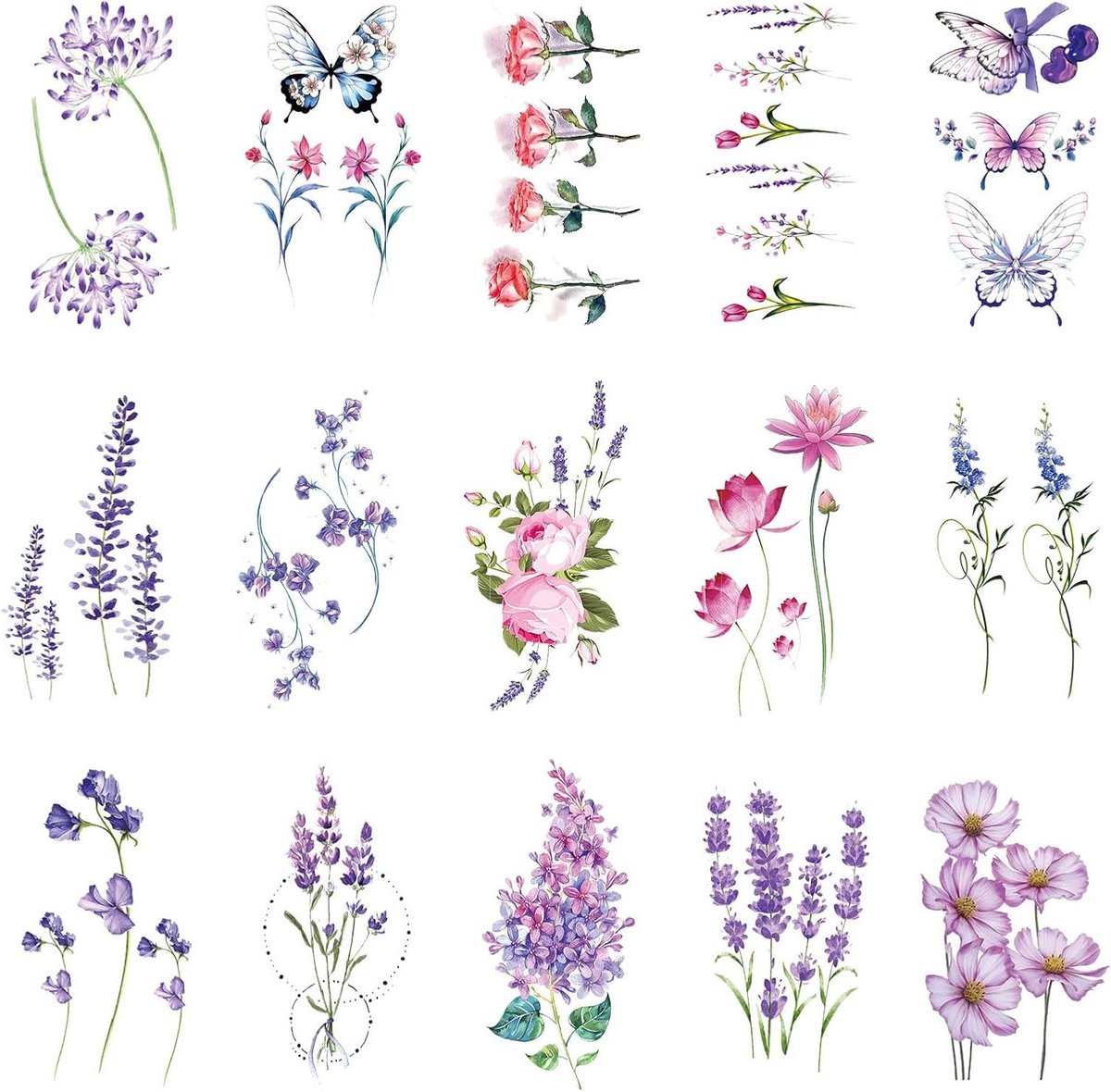 Provento - Tijdelijke Tatoegeringsstickers bloemen in Aquarel Purper Violet Lavendel (15 Vellen).