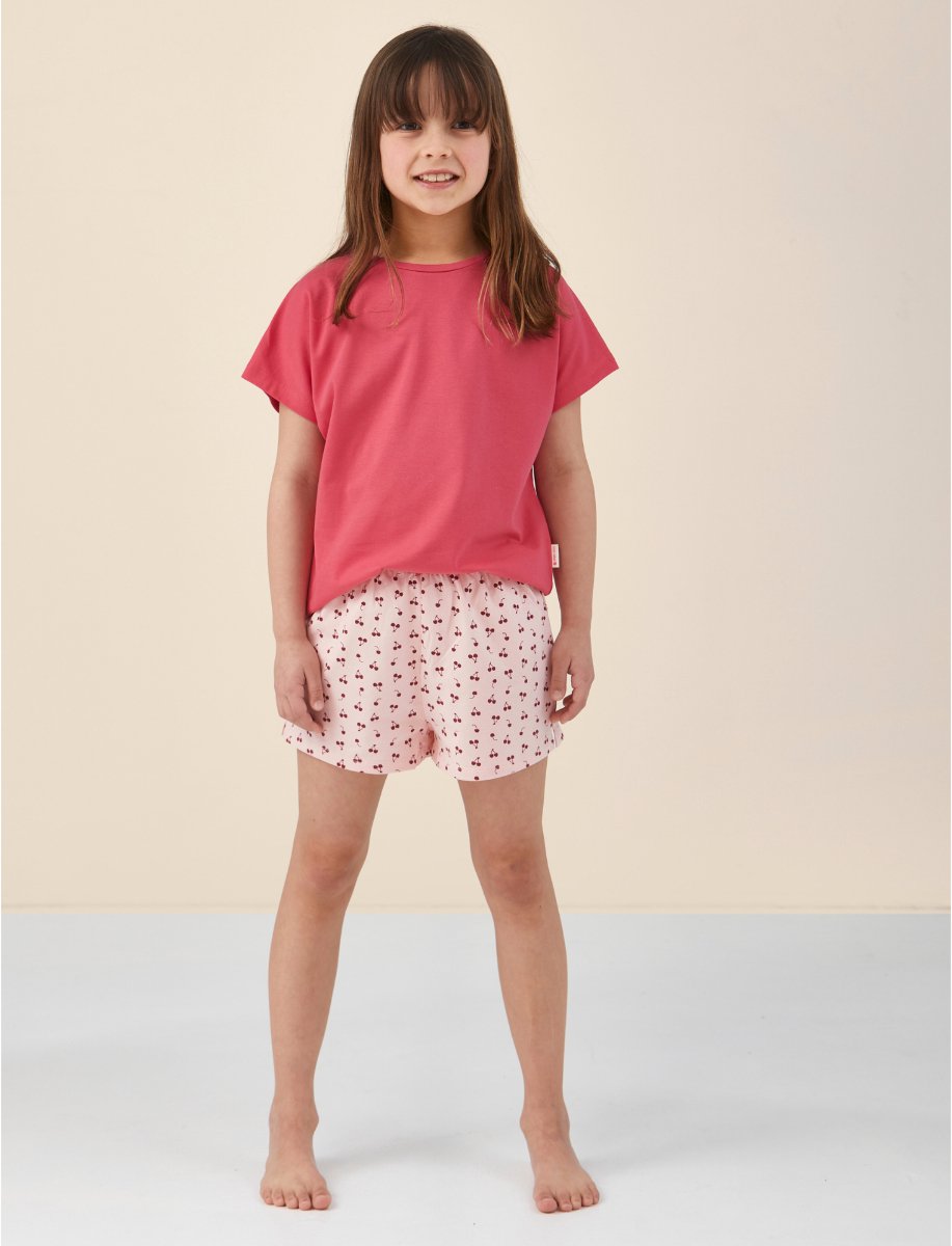 Little Label - meisjes pyjama kort - roze kersjes - 158-164 / 14Y - extra zachte bio-katoen