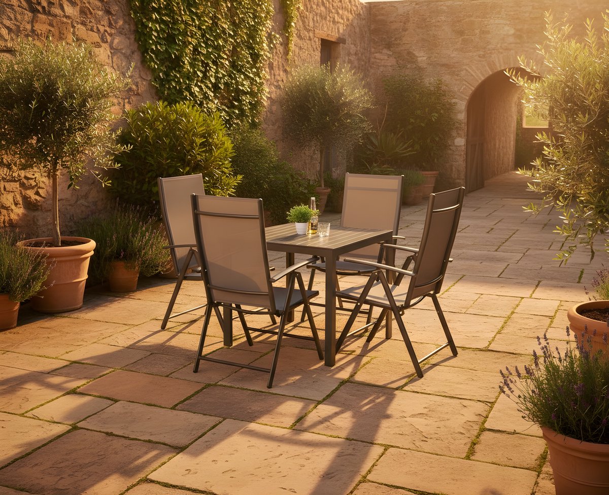 5-Delige Aluminium Tuinmeubelset met 4 Inklapbare Verstelbare Stoelen & WPC Tafel – Weerbestendig, Lichtgewicht & Onderhoudsarm – 75x75x72 cm – Ideaal voor Tuin, Terras & Balkon – Altameubel