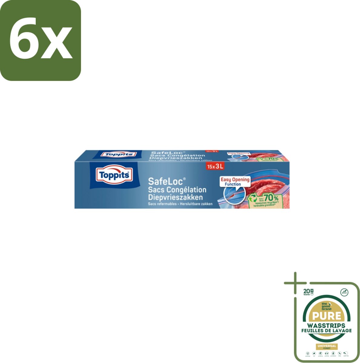 Toppits – Safeloc Zip-Diepvrieszakken – 3 Liter – 15 Zakjes - Voordeelverpakking - 6 stuks - Voedselbescherming - Herbruikbaar
