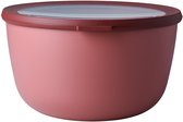 Boîte de conservation ronde rose avec couvercle bordeaux avec fenêtre. Hermétique, étanche et anti-odeurs. Passe au micro-ondes (sans couvercle).