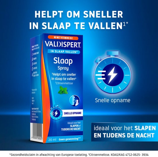 Valdispert Slaap Spray: blauwe doos met oranje accenten. Tekst: 'Helpt om sneller in slaap te vallen', 'Snelle opname', 'ideaal voor het slapen EN tijdens de nacht'.