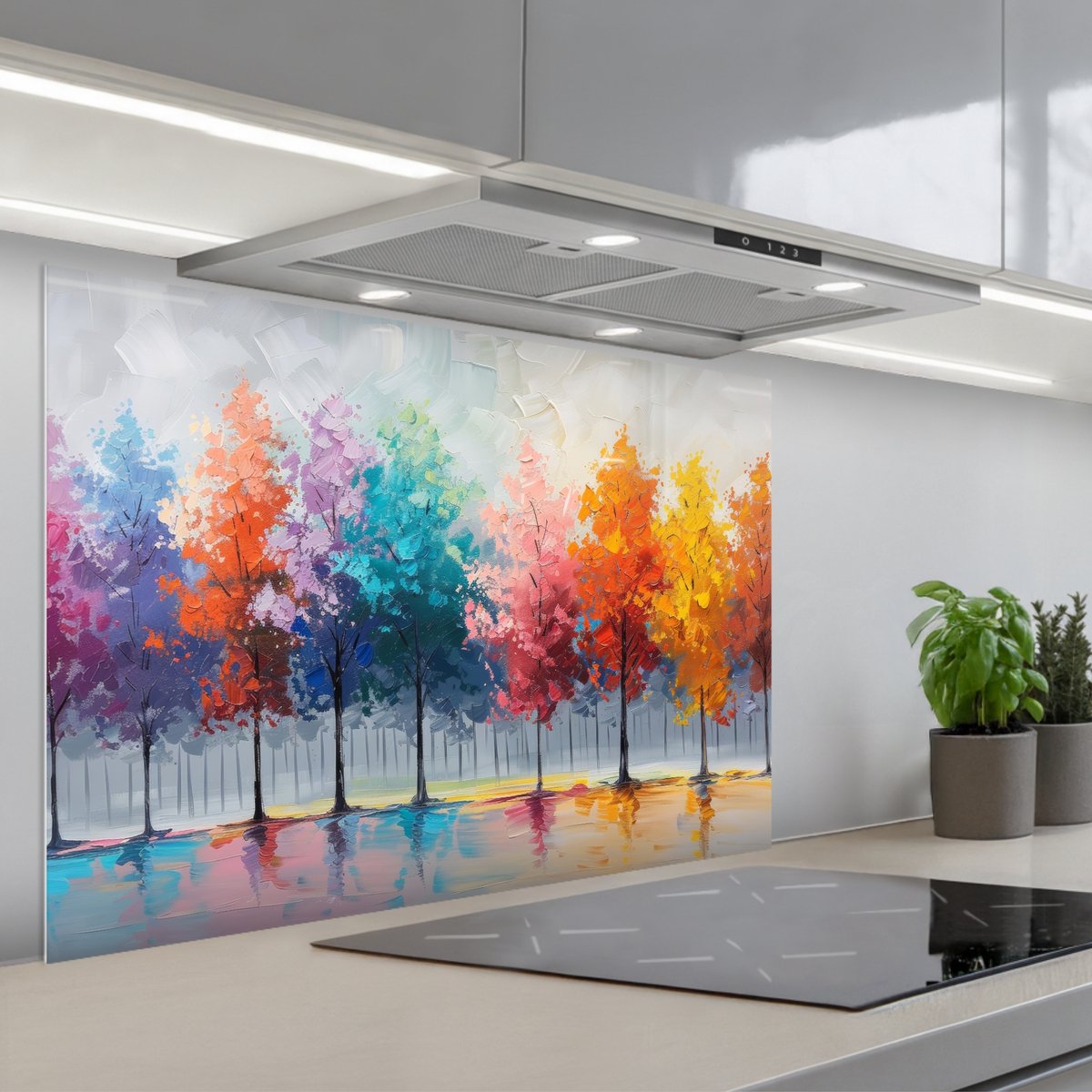 KitchenYeah Spatscherm 90x60 cm Zelfklevende achterwand Bomen Kleurrijk Natuur Abstract Keuken muurbeschermer Spatwand fornuis