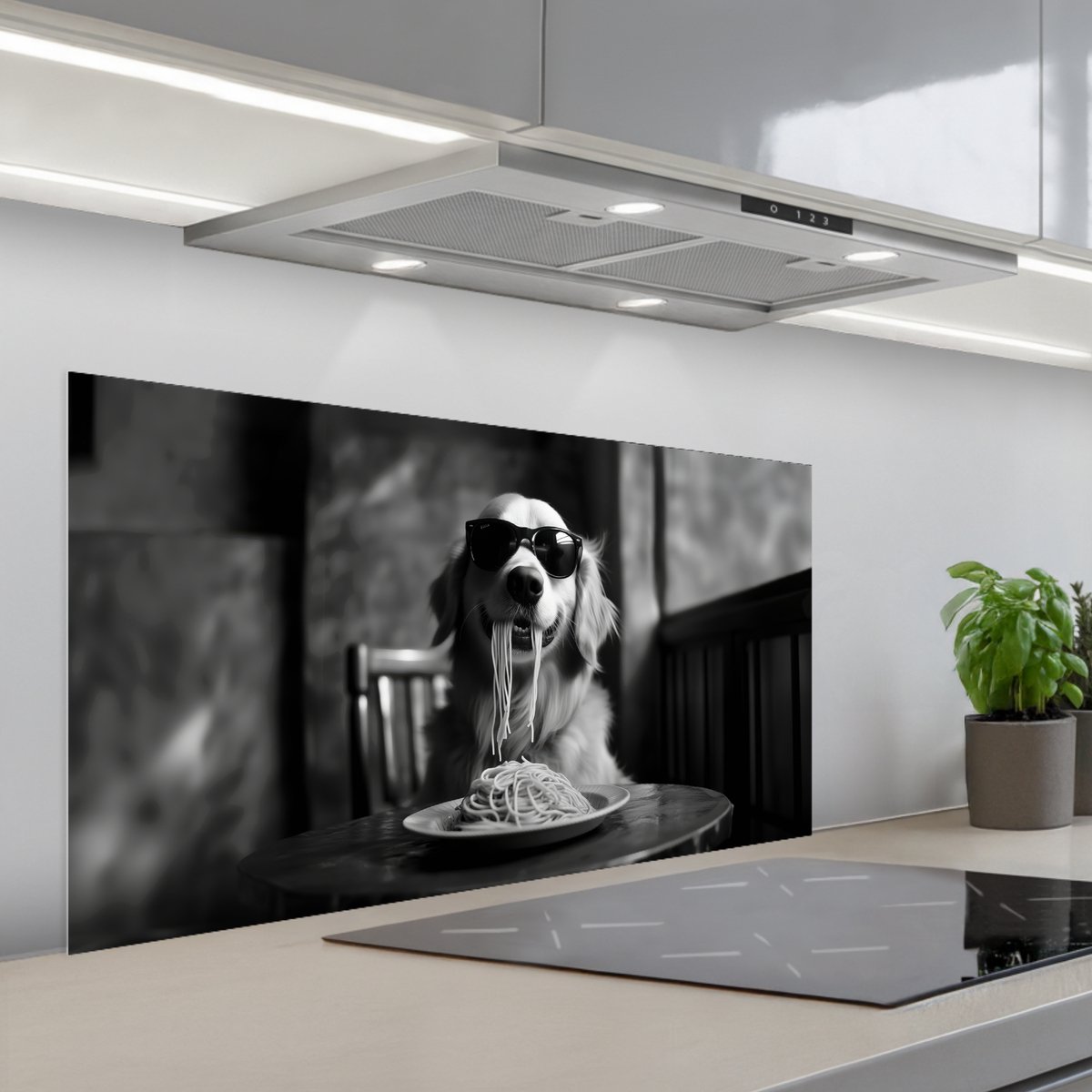 KitchenYeah Spatscherm 100x50 cm Zelfklevende achterwand Golden Retriever Hond Vrolijk Bord spaghetti Zwart wit Keuken muurbeschermer Spatwand fornuis