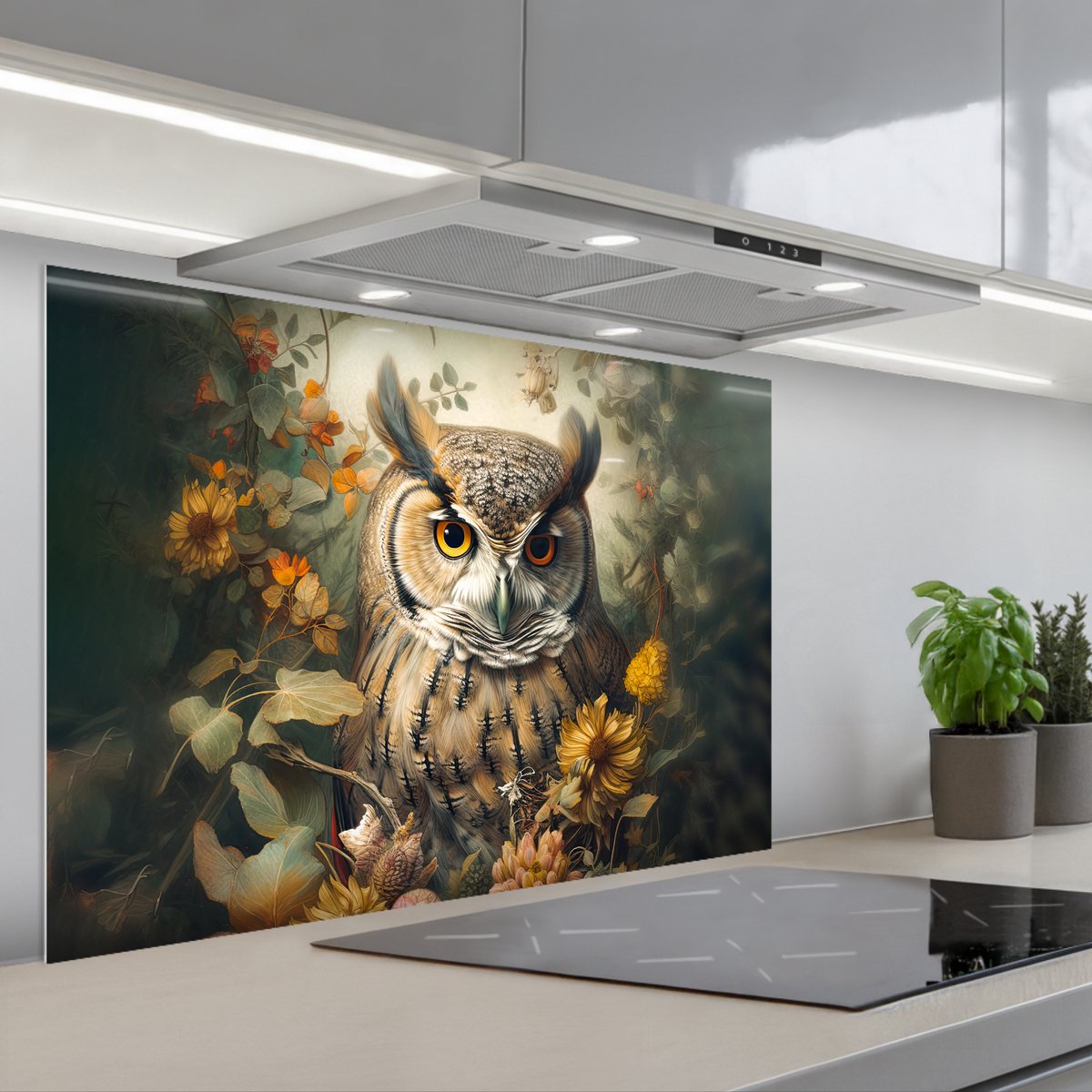 KitchenYeah Spatscherm 90x60 cm Zelfklevende achterwand Uil Vogels Bloemen Natuur Keuken muurbeschermer Spatwand fornuis
