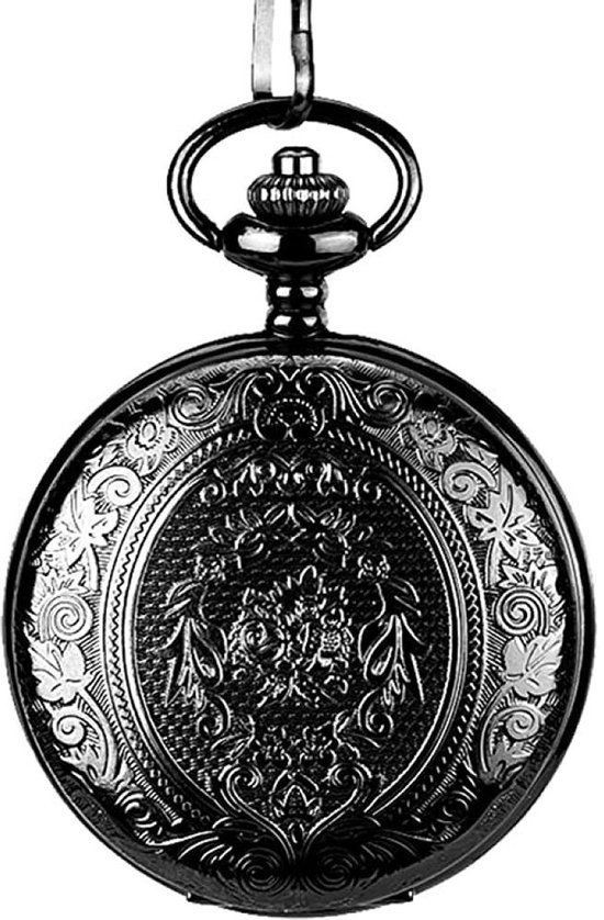 Zwart zakhorloge met gedetailleerd bloemenreliëf op de voorkant.