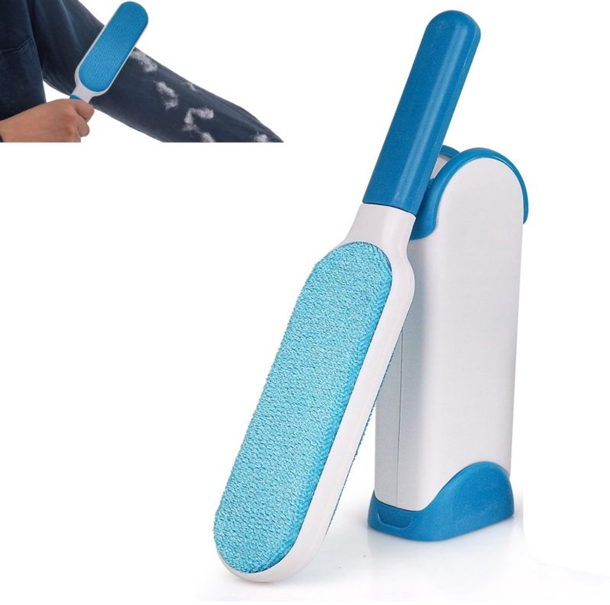 Dubbelzijdige anti pluisborstel - Ontpluis Borstel - Elektrostatische ontpluis borstel - met zelfreinigende basis - voor meubels, bank, tapijt, bed, autostoel, kleding - blauw - 33*7.6*5cm