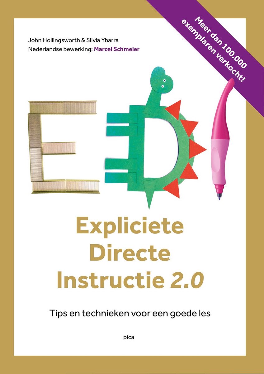 Boek 'Expliciete Directe Instructie 2.0'. Illustratie van de letters EDI met een dinosaurus en een pen. Paarse banderolle: 'Meer dan 100.000 exemplaren verkocht!'