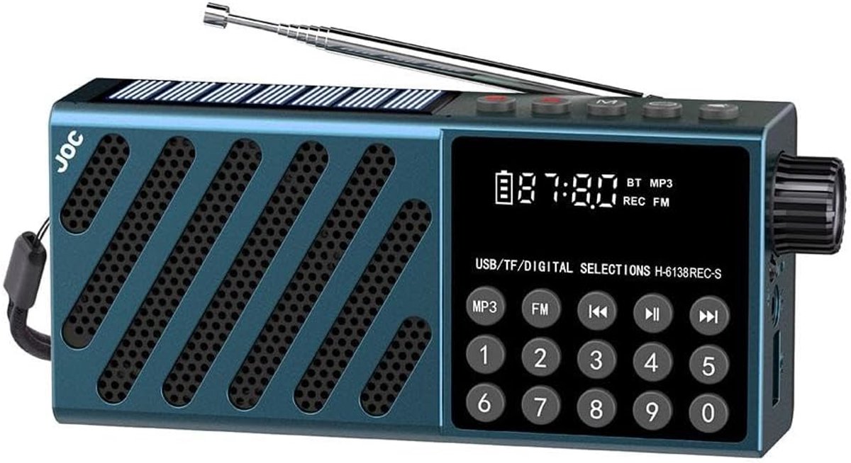 Smaragdgroene draagbare Bluetooth-luidspreker - met zonne-energie - Noodradio met FM-radio en mp3-speler - Hoge geluidskwaliteit en ingebouwde noodstroomvoorziening - Ideaal voor buitengebruik
