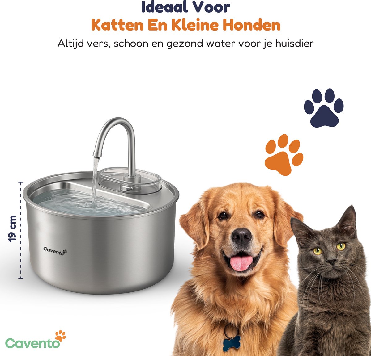 Cavento ® Drinkfontein 4L – Automatische Waterfontein Kat & Hond – Fluisterstil RVS – Met Vervangbaar Filter