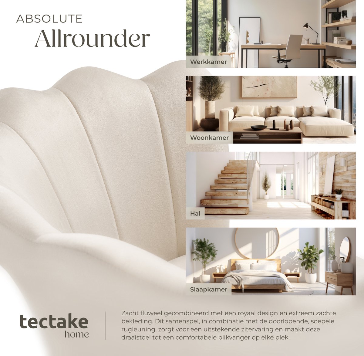 tectake® Bureaustoel - In hoogte verstelbaar draaifauteuil met fluwelen bekleding - Ergonomische schelpvorm - Stoel met wielen - Eetkamerstoel op wieltjes - 360° draaibaar - Bureau Stoel - Wit – foto 6