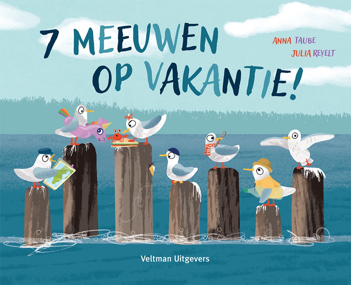 Illustratie van 7 meeuwen met vakantiethema op paaltjes in zee. Titel: 7 meeuwen op vakantie!